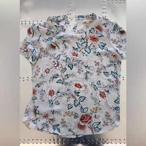 LOFT White Floral Short Sleeve Top with Green and Pink Accents